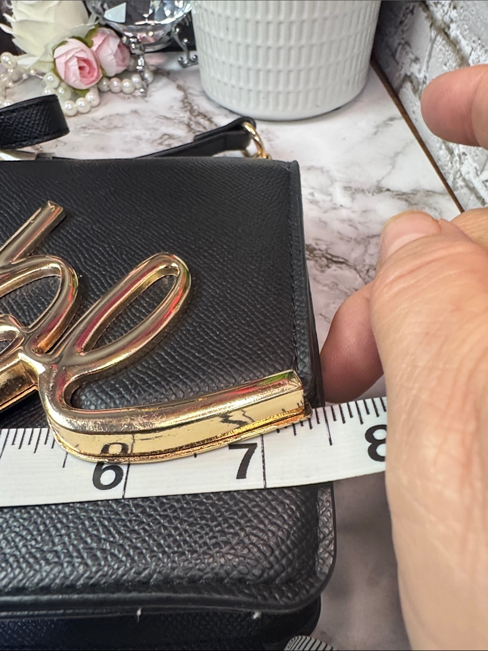 bebe Black Crossbody Bag with Gold Script and Chain - Picture 13 of 13